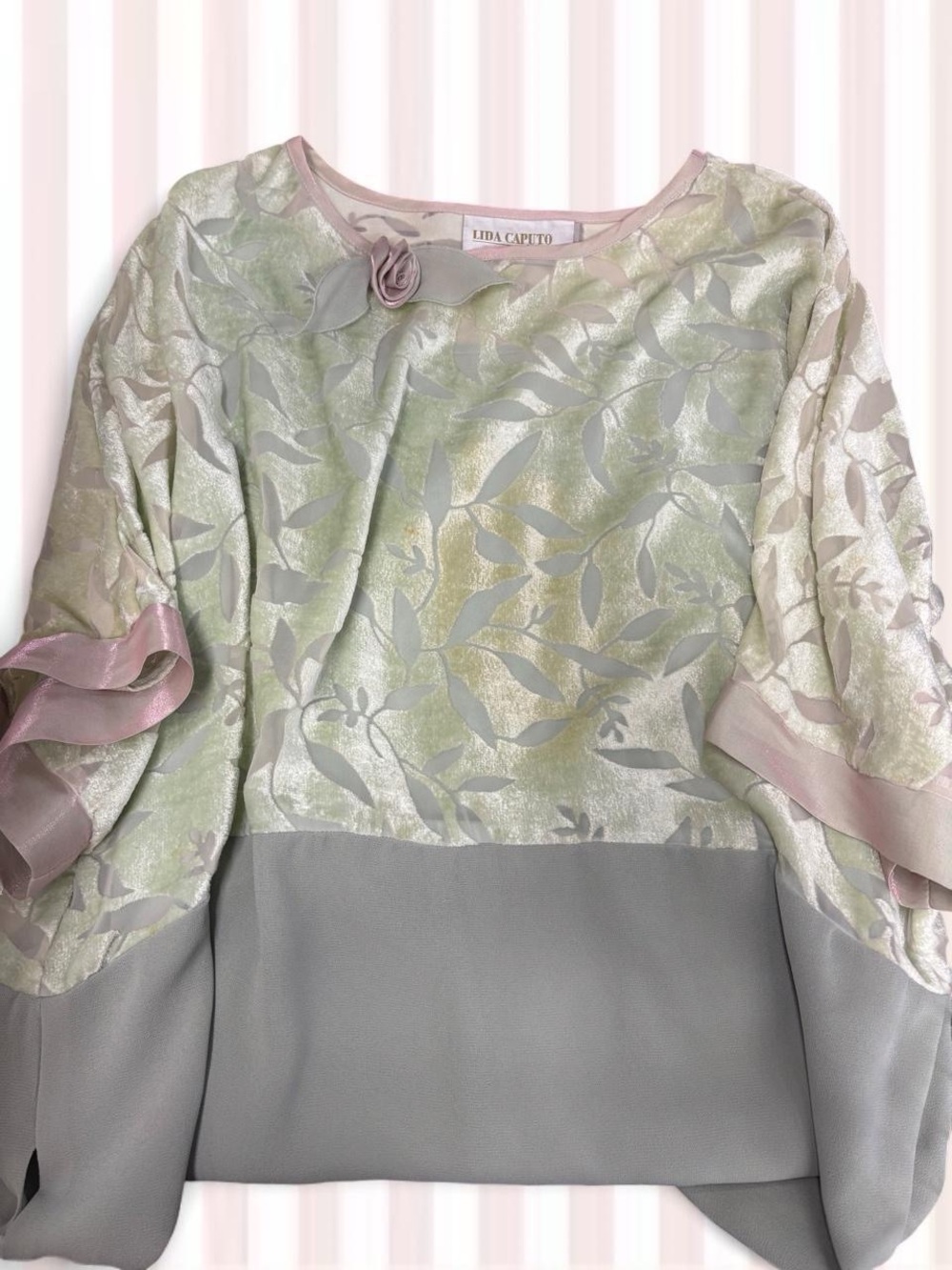 Mint & Pink Floral Jacquard Blouse with Gray Hem